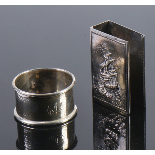 29 - A Silver Napkin Ring. Marked A. Silver Ashtray, Match Holder & a Dutch Windmill.