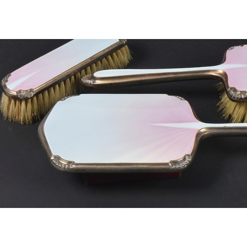 31 - A Three Piece Silver & Enamelled Dressing Table Set.