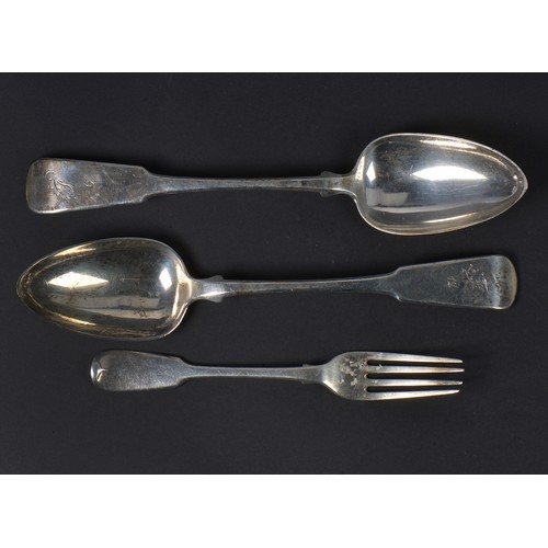 44 - Two Silver Fiddle patterned Table Spoons. Hallmarked: Glasgow P. Duty Mark. Maker's Mark: J.C. Numbe... 