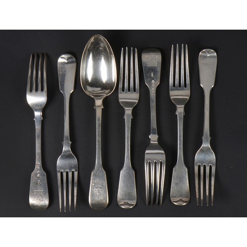 48 - A Set of Six Silver Short Fiddle pattern Forks with a Three Turreted Castle & 