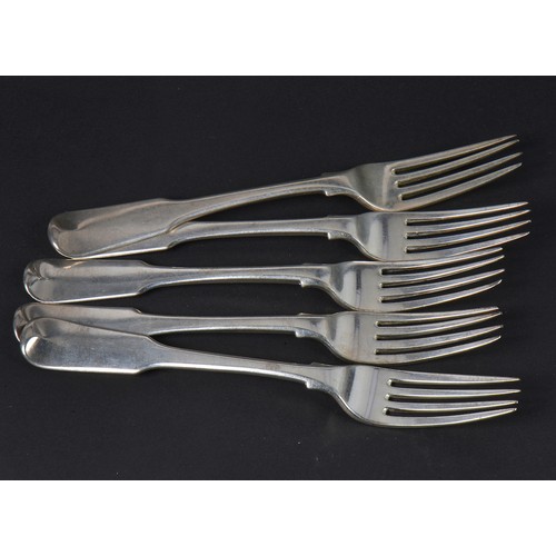 49 - Five Silver Short Fiddle Pattern Table Forks with an engraved crest of a single castle 