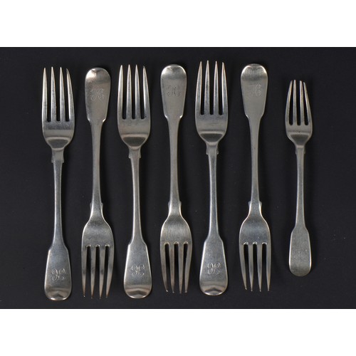 50 - A Collection of Seven Short Fiddle pattern Desert Forks with different dates & Makers with initial H... 