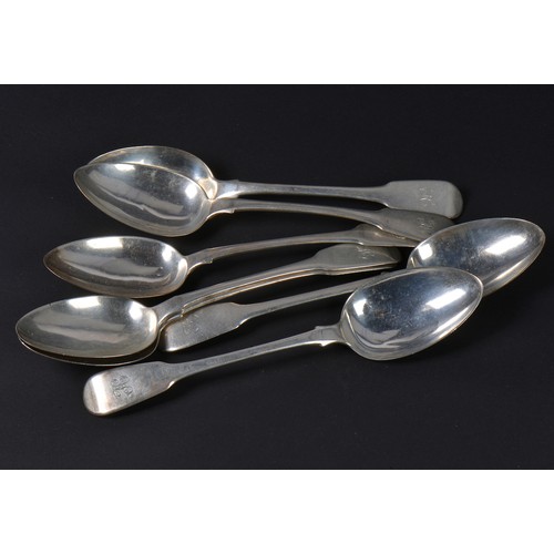 52 - A Collection of Seven Short Fiddle Pattern Silver Table Spoons with the initial H with different dat... 