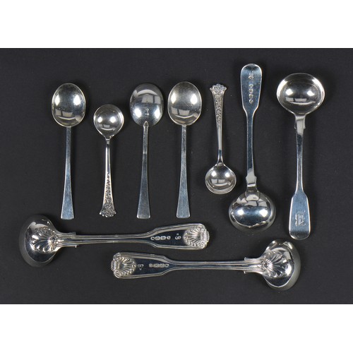 62 - A Pair of Victorian Fiddle & Shell Mustard Spoons, two smaller spoons & a collection of condiment sp... 