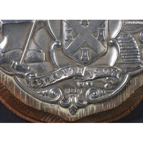 66 - A Silver West of England Exhibition Plaque for Plymouth 1907 depicting an Anvil, Paddle, Bull Rushes... 