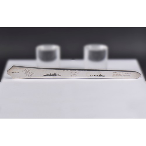 76 - A Silver Asprey's Paper Knife with a Cut out Silhouettes of Ships to the Skipper & his Mate, Happy M... 