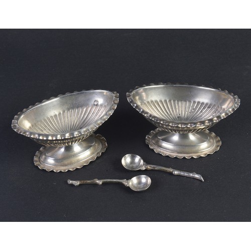 91 - Two Victorian Silver Salt Cellars with Crimped Edges & Two Spoons. Weighing: 71 grams.