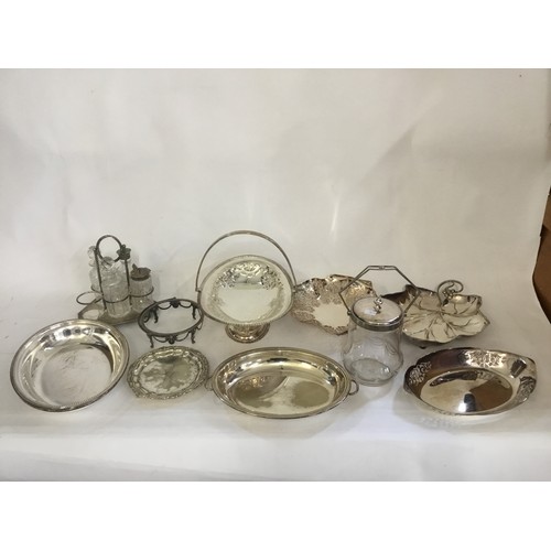 112 - A Collection Silver Plate to include Bread Baskets, Leaf Plates, Tureen, Biscuit Barrel, Cruet Set, ... 