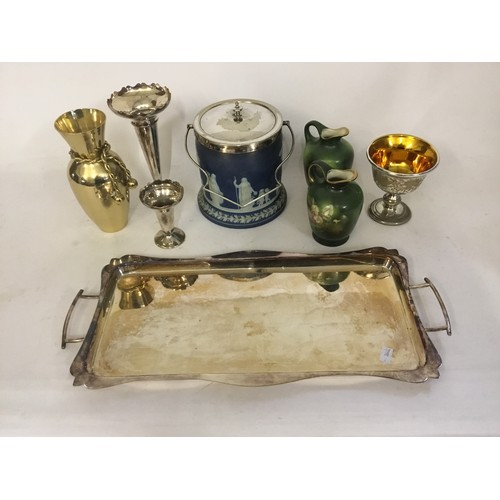 114 - A Silver Plated Sandwich Tray, Wedgwood Biscuit Barrel, Ewers, etc.