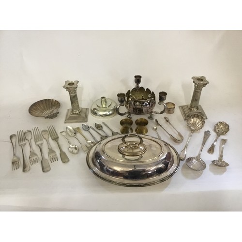 117 - A Pair of Silver plated Dressing Table Candlesticks, Entre Dish & Cover, Butter Dish, Serving Spoons... 