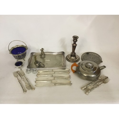 118 - A Silver Plated Dressing Table Tray, a Candlestick, Cutlery, Sugar Basket, etc.