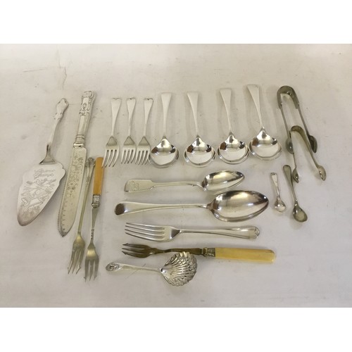 120 - A Collection of Silver Plated Spoons, Forks, Knives, etc along with one Silver Spoon.