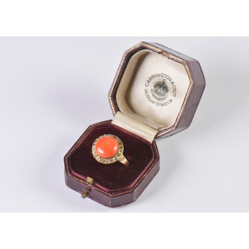 135 - A Ladies Coral & Diamond Dress Ring in Fret Work Collar. Size: O. Weighing: 6.4 grams.