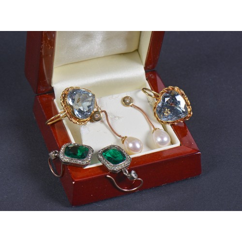 162 - A Pair of Emerald coloured Paste mounted Drop Earrings, Aquamarine Clip-on Earrings & a Pair of Pear... 