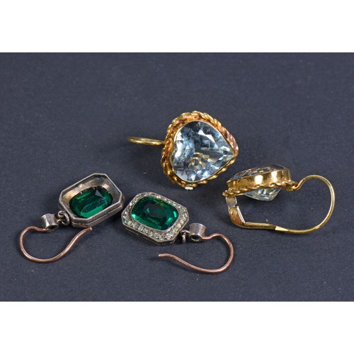 162 - A Pair of Emerald coloured Paste mounted Drop Earrings, Aquamarine Clip-on Earrings & a Pair of Pear... 