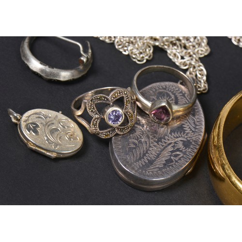 203 - A Silver Crescent Brooch, Dress Rings, Bangles, Watch, etc.