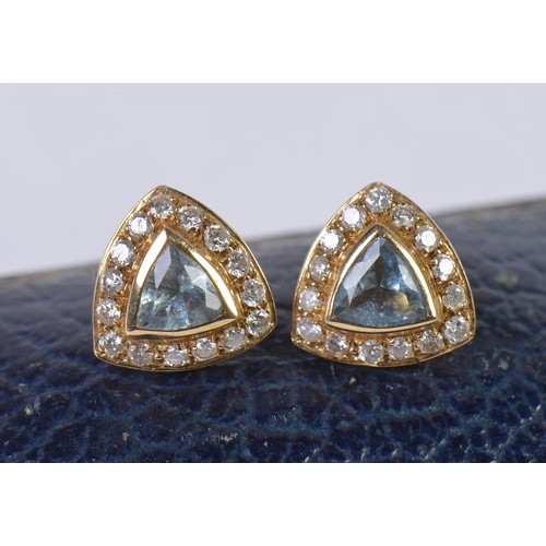 207 - A Pair of 18ct Gold Aquamarine & Diamond Earrings. Weighing: 2.9 grams.