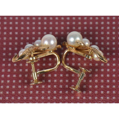 210 - A Pair of 585 mounted Pearl Earrings with engraved decoration in Case.