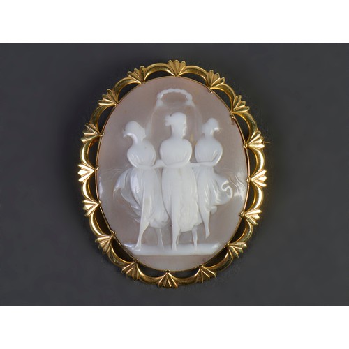 229 - A 9ct Gold Cameo Brooch of the Three Graces. Measuring: 7cms x 5.5cms.