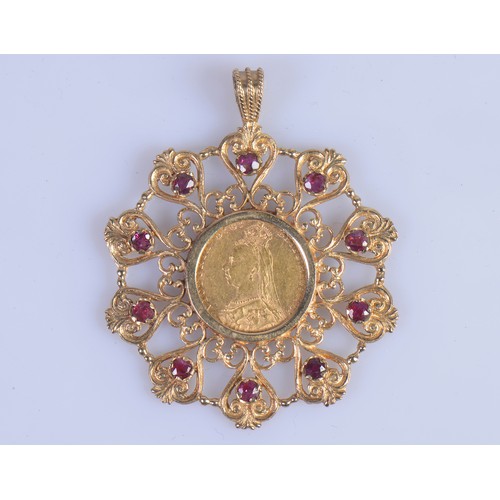 233 - A 9ct Gold & Garnet Circular Pendent inset with an 1889 Jubilee Head Full Sovereign. Total Weight: 2... 