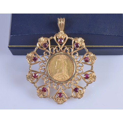 233 - A 9ct Gold & Garnet Circular Pendent inset with an 1889 Jubilee Head Full Sovereign. Total Weight: 2... 