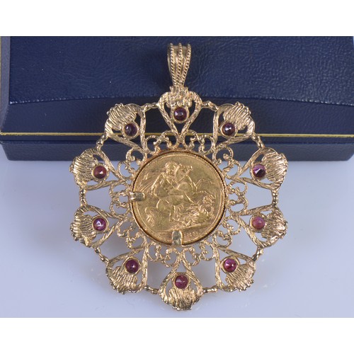 233 - A 9ct Gold & Garnet Circular Pendent inset with an 1889 Jubilee Head Full Sovereign. Total Weight: 2... 