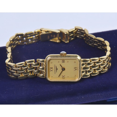 309 - A Ladies 18ct Gold Longines Wristwatch on a flexible Bar Link with a square face. Weighing: 30.8 gra... 