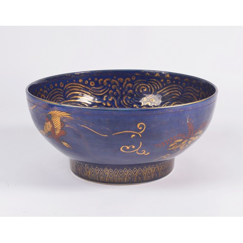 340 - A Chinese Powder Blue Ground Punch Bowl decorated with the interior in Gold of Waves & Swirls, exter... 