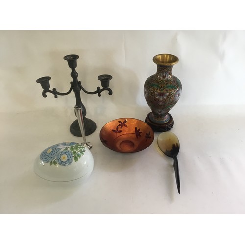 345 - A Chinese Cloisonne & Gilt Lotus Flower Vase, a (925) Spill Vase, Pewter Candlestick, Carved Horn In... 