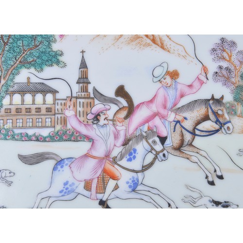 355 - A Pair of 20th Century Chinese Famile Rose Plaques decorated with European figures on horseback in a... 