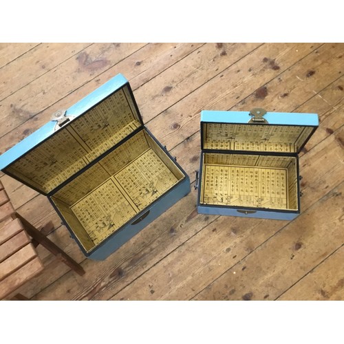 363 - A Pair of Blue Painted Chinese Treasure Boxes & a Folding Picnic Table in Teak.