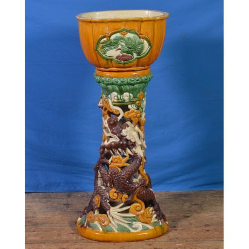 365 - A Chinese Dragon decorated Pottery Pedestal Jardiniere in Brown, Cream & Green Glaze. Measuring: 94c... 