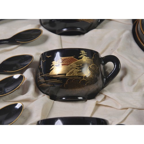 377 - A Japanese Black & Gilt decorated Tea Set consisting of a Tea Tray with Mount Fujiyama consisting of... 