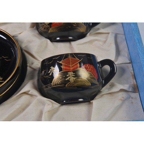 377 - A Japanese Black & Gilt decorated Tea Set consisting of a Tea Tray with Mount Fujiyama consisting of... 