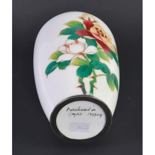 385 - A Japanese White Ground Cloisonne enamelled Vase Silver Wired decorated with Roses. Measuring: 18cms... 