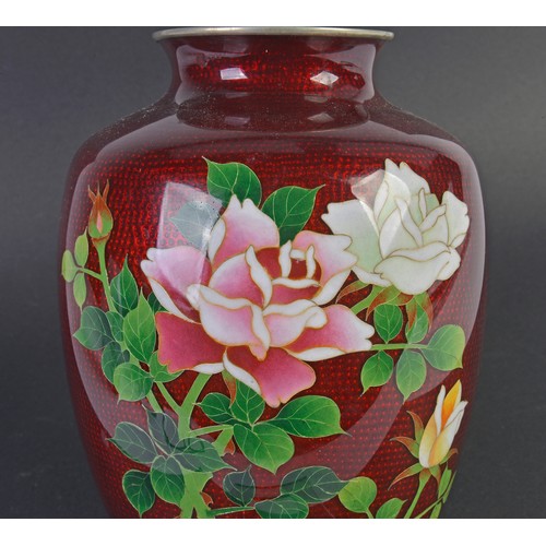 386 - A Japanese Red Ground Cloisonne enamelled Vase Silver Wired decorated with Roses. Measuring: 17cms h... 