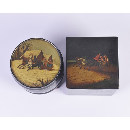 407 - Two Russian Wooden Lacquered painted Tea Caddies one depicting a Christmas Troika scene & the other ... 