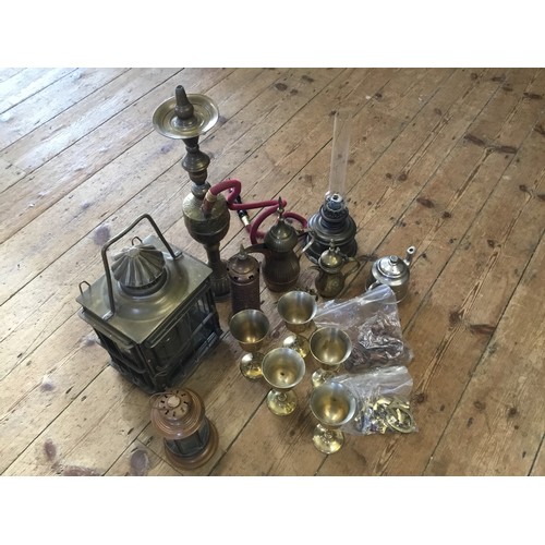 445 - A Collection of Middle Eastern Brass Ware to include Oil Lamps, Coffee Pots, Lantern, Pipe, Coffee P... 