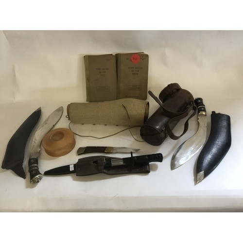 570 - A WWII Bayonet Jungle Type, Clip Lever, Bakelite Handle contained in a Leather Case, Two Kukri's, a ... 