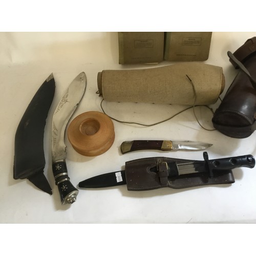 570 - A WWII Bayonet Jungle Type, Clip Lever, Bakelite Handle contained in a Leather Case, Two Kukri's, a ... 