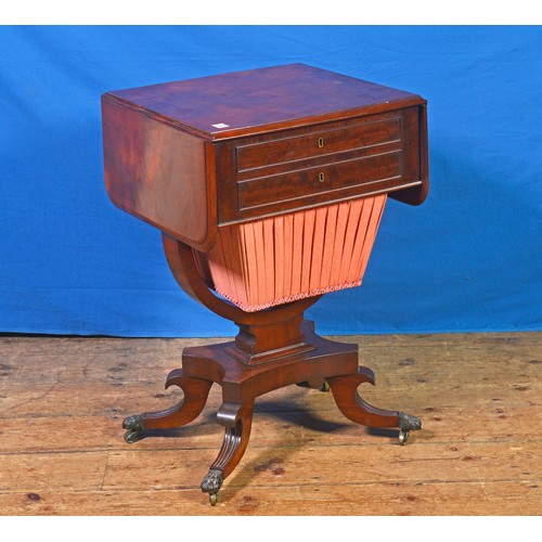 635 - A Victorian Mahogany Two Drawers Drop-Flap Needlework Table with Under Tier & resting on shaped Sabr... 