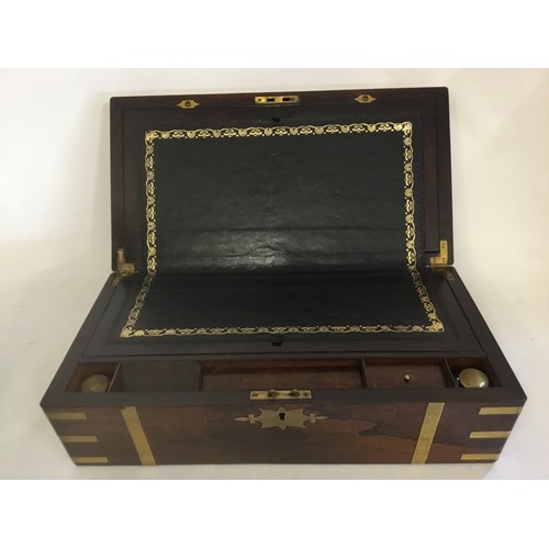 671 - A Victorian Rosewood Writing Slope Campaign Box with Brass inset Corners, Strap Work, Inkwells & a S... 