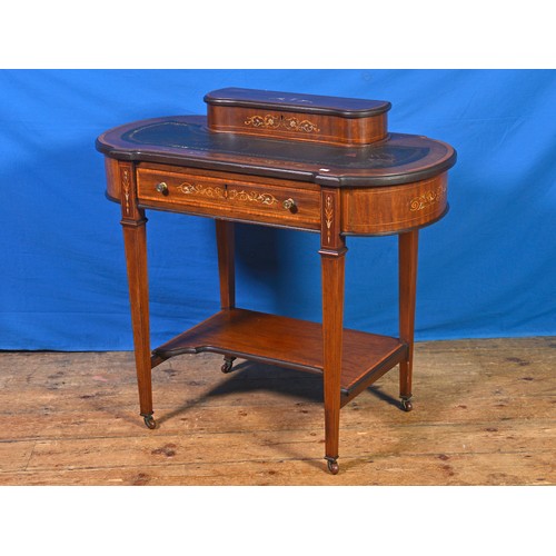 689 - A Victorian Mahogany Satinwood banded, Sycamore inlaid Kidney shaped Ladies Writing Desk fitted a si... 