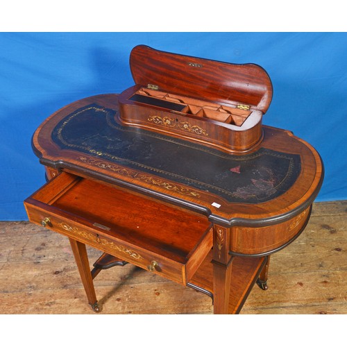 689 - A Victorian Mahogany Satinwood banded, Sycamore inlaid Kidney shaped Ladies Writing Desk fitted a si... 