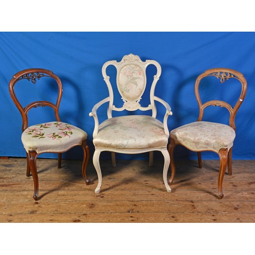 690 - A Pair of Victorian Hoop Back Dining Chairs & a Cream painted Saloon chair in the French Style.