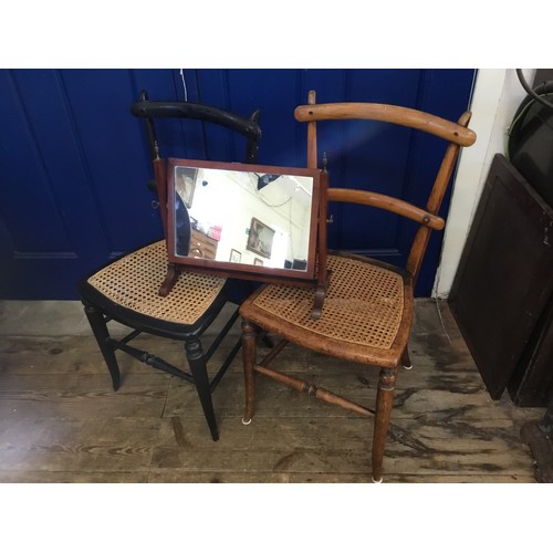 699 - A Victorian Stained Beech Cane Seat Chair & one other & a Dressing Table Mirror.