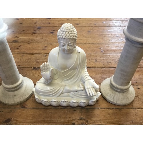 970 - A Study in White of a Seated Bhudda & Two Garden Candle Holders.