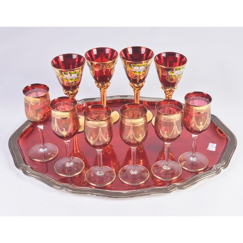 1001 - A Set of Six Ruby tinted & Gold Flashed Liquor Glasses & Four Gold Lustred Sherry Glasses on a Tray,... 