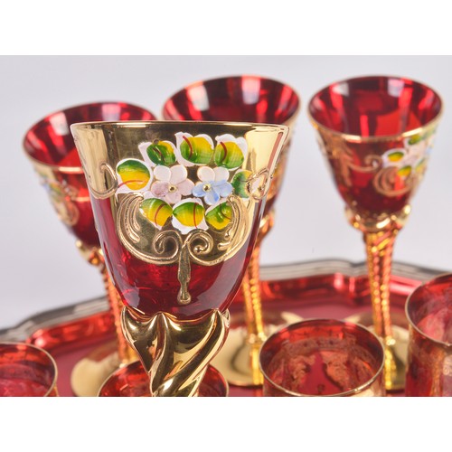 1001 - A Set of Six Ruby tinted & Gold Flashed Liquor Glasses & Four Gold Lustred Sherry Glasses on a Tray,... 