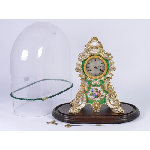 328 - A French Rococo style porcelain mantel clock by Jacob Petit (French, 1797-1868) in Green Ground & Gi... 